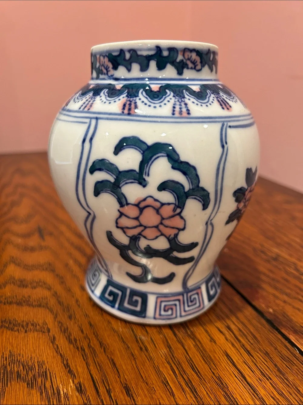Hand-Painted Ceramic Vase - Blue and Pink Floral Design